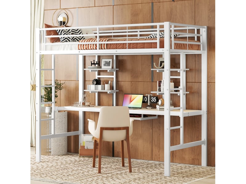  Lit mezzanine 90x200 cm avec bureau et deux étagères en métal et mdf blanc  - Conforama C