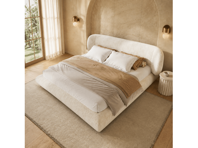  Lit double 160x200 cm en chenille beige avec tête de lit et sommier à lattes  - Conforama E