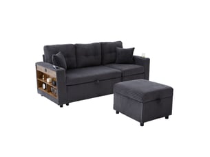 Canapé 3 places 196x82–144x85cm coussins douillets lumières led prise usb‑c intégrée velours côtelé gris foncé