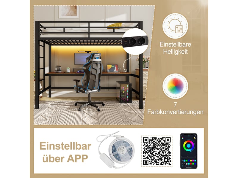  Lit mezzanine 90*200 cm, noir, sans matelas, structure métal, led et usb, échelle et garde-corps, conforme en747  - Conforama D