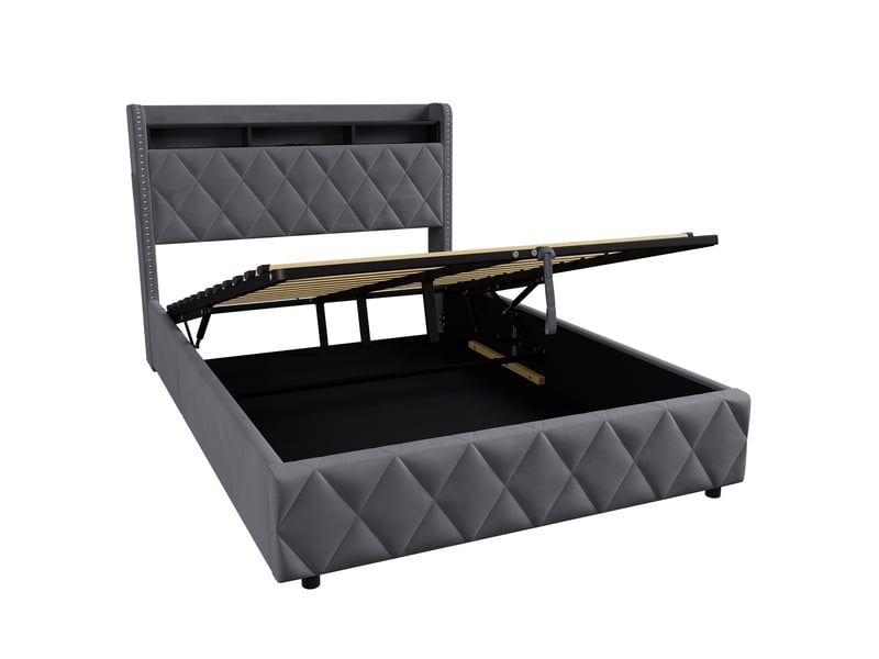  Lit coffre 140x200 cm, lit double adulte avec lumières led, fonctions de chargement et de rangement, velours gris, sans matelas  - Conforama E