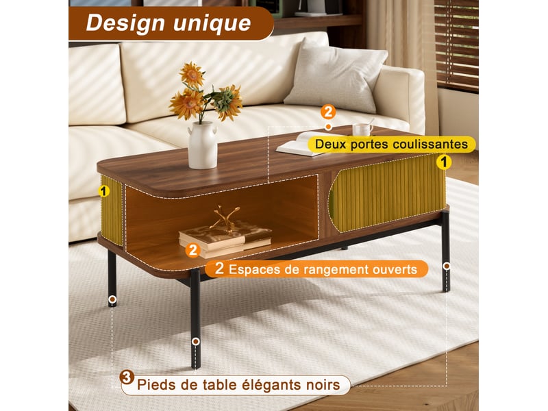  Table basse avec 2 portes coulissantes et 2 niches, coins arrondis, pour salon, en mdf noyer, 100 × 45 × 43 cm  - Conforama E