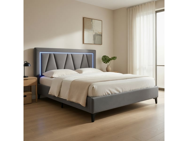  Gutenacht lit capitonné 160x200 cm en lin avec led, usb-c et matelas inclus  - Conforama D