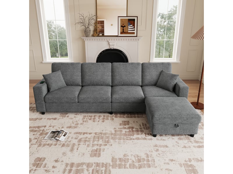 Canapé d’angle 4 places 282x153x82 cm, canapé de salon, sofa modulable, éclairage led, usbtype-c, rangement, pouf mobile, gris CozyNest - Conforama D