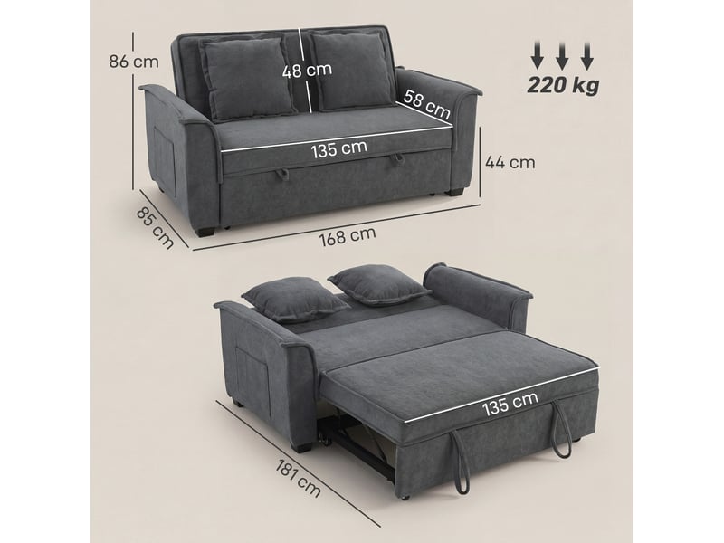 Canapé convertible 2 places, canapé-lit clic-clac en chenille, dossier réglable, 2 coussins, gris, poche latérale - Conforama C