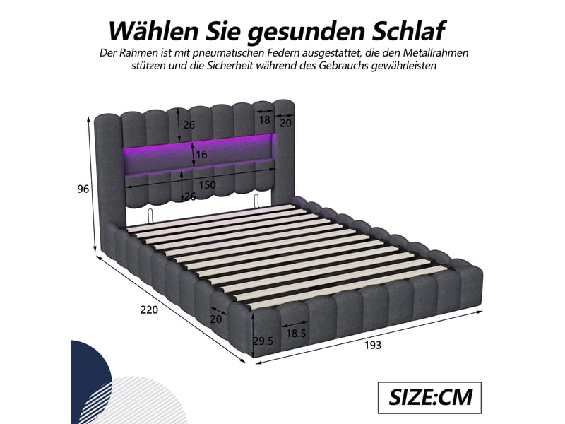Lit coffre capitonné 180x200 cm, lit 2 places avec sommier, led et usb, rangement et tête de lit, lit adulte en lin, gris - Conforama C