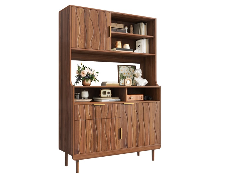  Buffet haut avec 3 portes, 1 tiroir et étagères ouvertes, façade ondulée pour cuisine, en mdf noyer 100 × 32 × 170 cm  - Conforama A