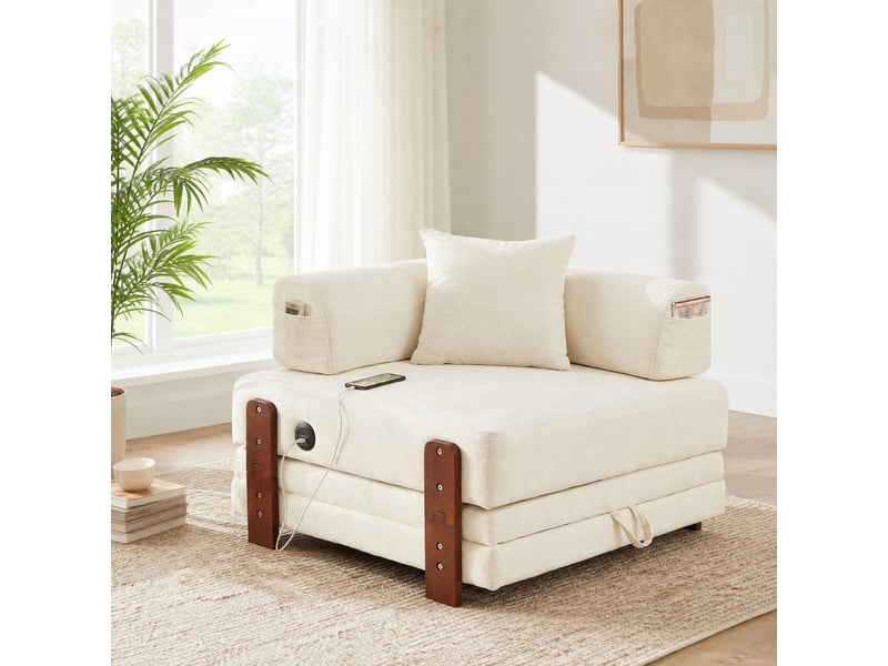 Canapé convertible pliant 2-en-1 1 place beige avec ports usb et type-c - Conforama B