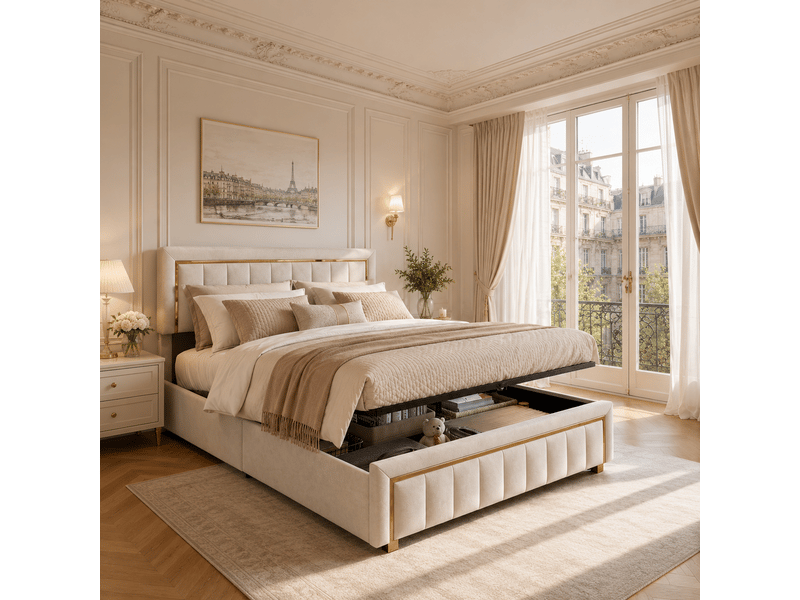  Lit coffre adulte 140x190 cm - lit rembourré double avec sommier à lattes et espace de rangement hydraulique - lit capitonné - cadre de lit 2 personnes - sommier à lattes et tete de lit rembourré - velours beige - sans matelas -…  - Conforama B