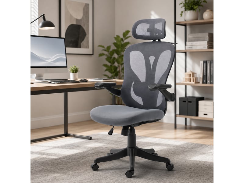  Chaise bureau ergonomique avec accoudoirs 3d et appui-tête réglable, fauteuil de bureau en maille, gris  - Conforama A