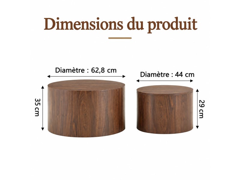  Lot de 2 tables basses gigognes rondes avec rangement, couvercle amovible, mdf aspect bois, ø 62,8 cm  - Conforama C