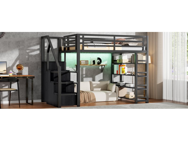  Lit mezzanine double 140×200 cm avec led réglable, étagères et armoire  - sans matelas, métal noir  - Conforama E