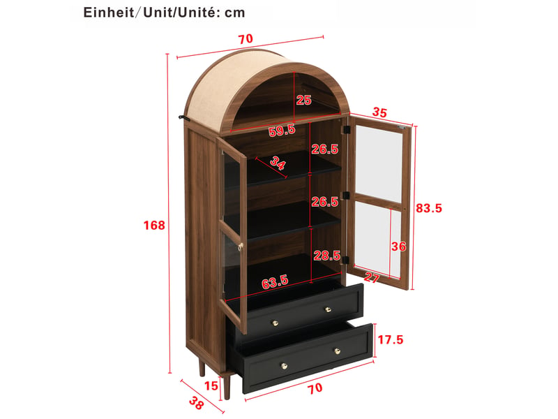 Buffet avec étagères réglables et portes vitrées pour salle à manger en mdf 70×38×165 cm noyer - Conforama E