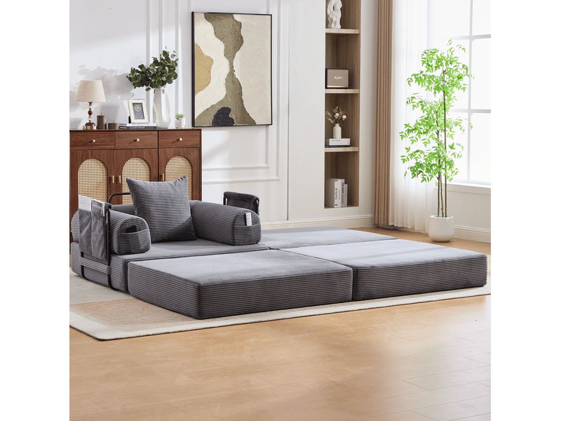  Repose-pied convertible avec couchage d'appoint, mousse épaisse et design modulable en velours côtelé gris foncé  - Conforama D