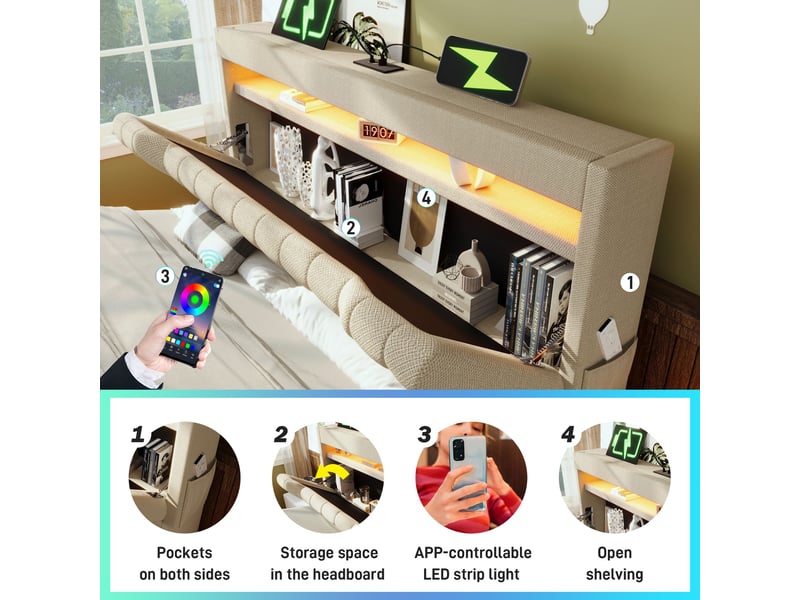 Lit coffre 180x200 cm rembourré, tête de lit avec rangement, led, usb et type-c, rangement hydraulique, lin beige - Conforama D