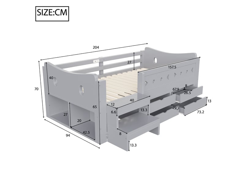 Lit simple enfant 90x200 cm - gris - 4 tiroirs, rangements, led et ports usbtype-c - sans matelas - Conforama C