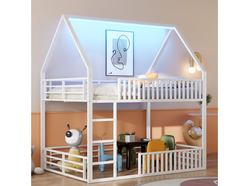  Lit superposé 140x200 cm avec barrière et éclairage led, lit enfant avec cadre de lit en métal, lit 2 personnes, blanc  - Conforama C