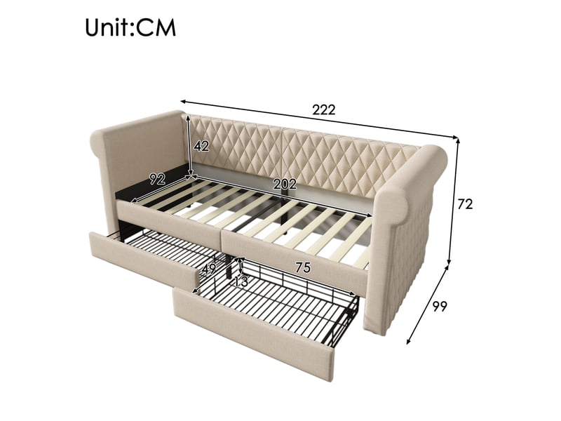  Lit banquette 90x200 cm avec 2 tiroirs, revêtement en lin beige  - Conforama E