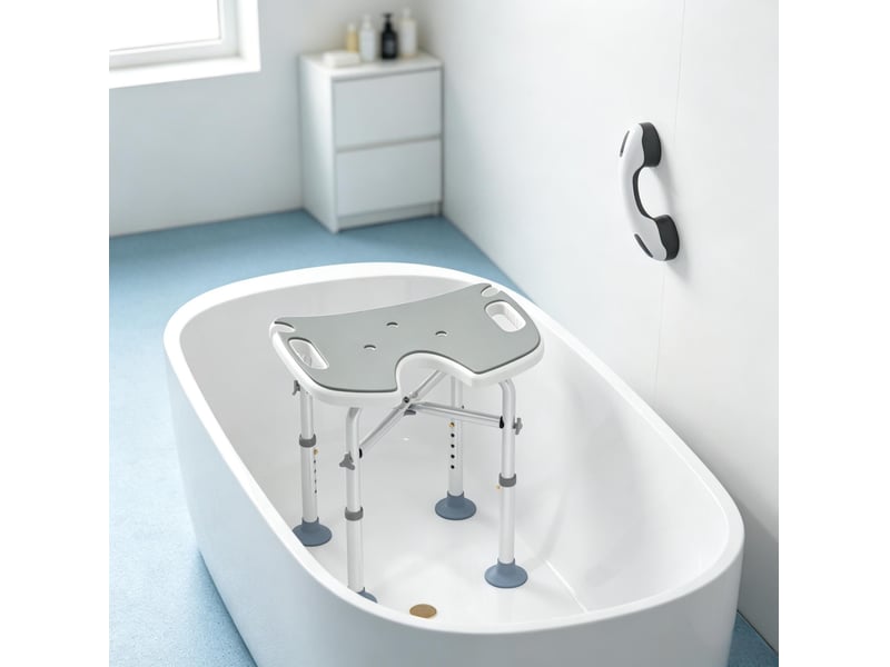 Tabouret de douche réglable gris 39–51,5 cm en aluminium avec ventouses et barre d'appui pour salle de bains - Conforama B