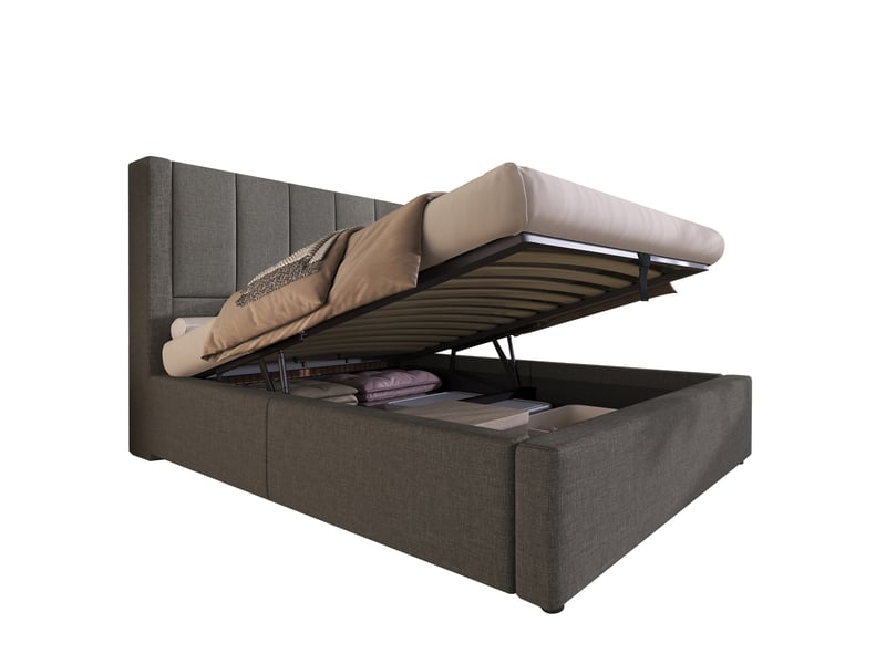  Lit coffre simple 90x200 cm, avec port usb-c, style moderne, porte-gobelet, rangements intégrés, lin gris, sans matelas  - Conforama A