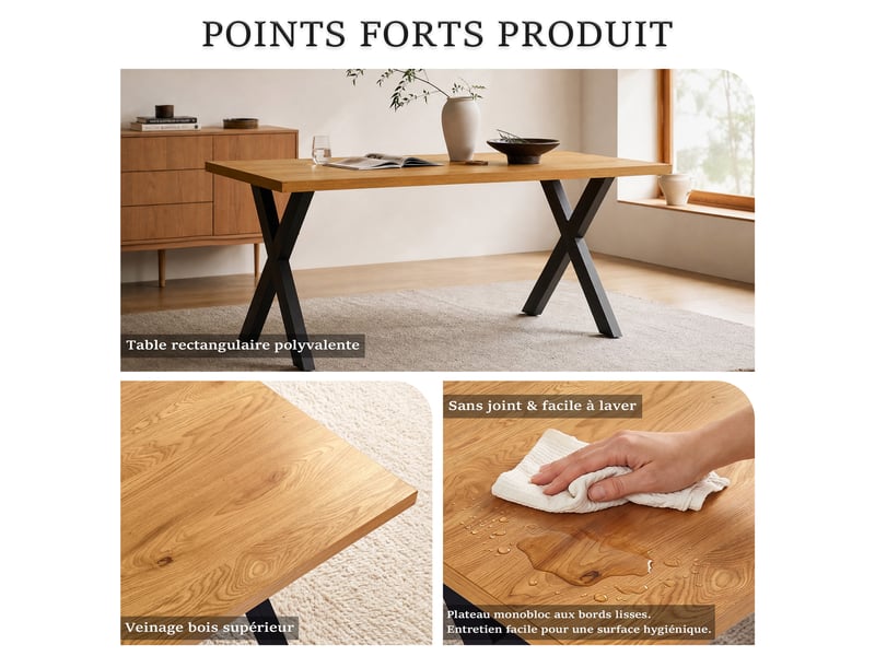 Table de salle à manger rectangulaire - table rectangulaire 160 cm monobloc effet bois et pieds en x métal - chêne sauvage - Conforama E