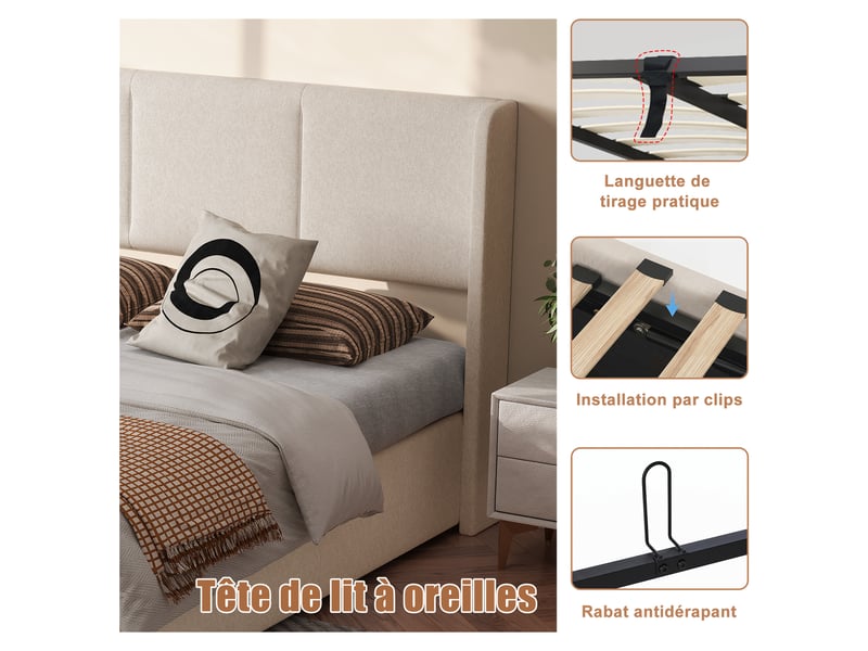  Lit coffre 140x190 cm rembourré tissu lin beige, tête de lit à oreilles, système hydraulique, grand espace de rangement, sommier à lattes  - Conforama R