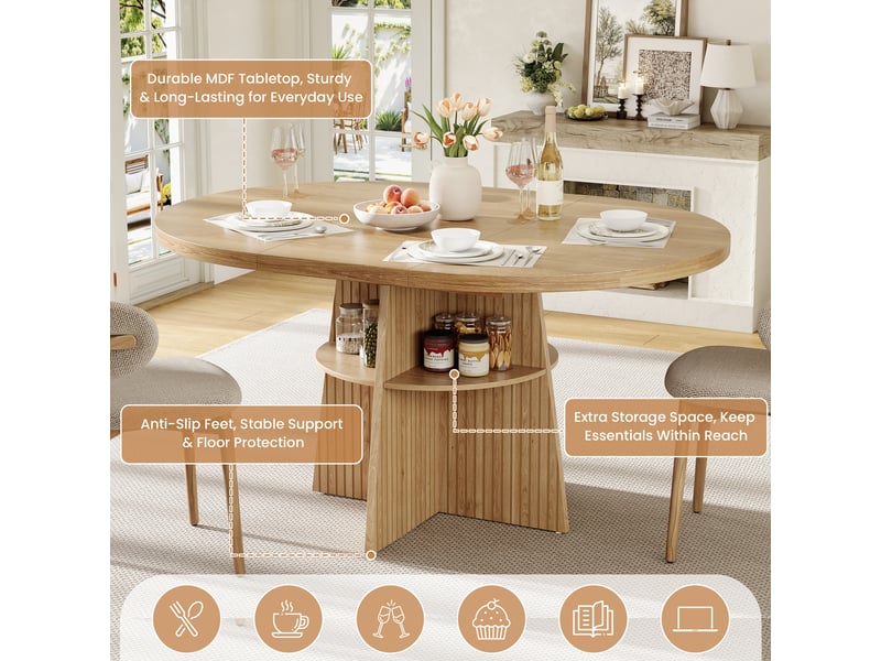  Table à manger ronde extensible 110–150 x 110 x 77,5 cm, 2–8 personnes, rangement intégré, effet bois naturel evarich - Conforama D