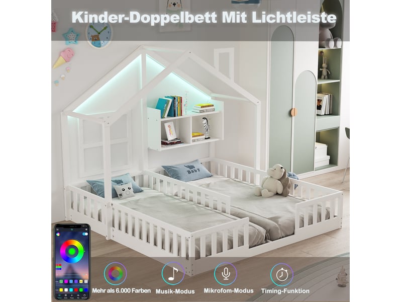 Lit cabane enfant 2 x 90x200 cm – blanc – led, étagères, barrières et sommiers à lattes - sans matelas - Conforama E