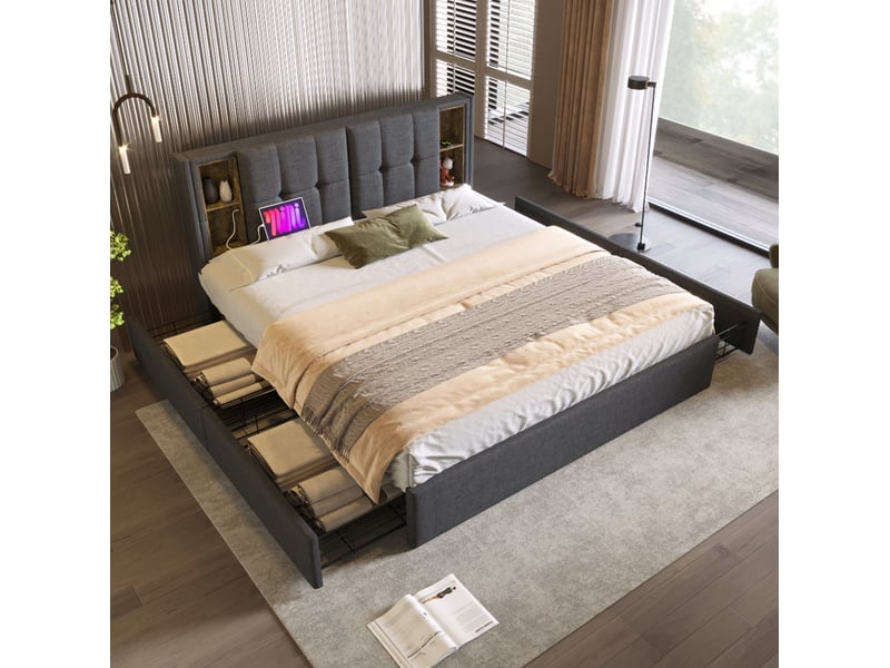  Lit double 160 x 200 cm gris en lin avec 4 tiroirs, chargement sans fil, usb et usb-c  - Conforama C
