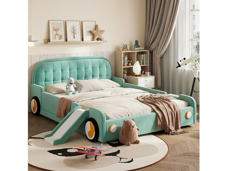  Lit enfant modenvie voiture avec toboggan et échelle réversibles, velours bleu-vert, 140 x 200 cm  - Conforama D