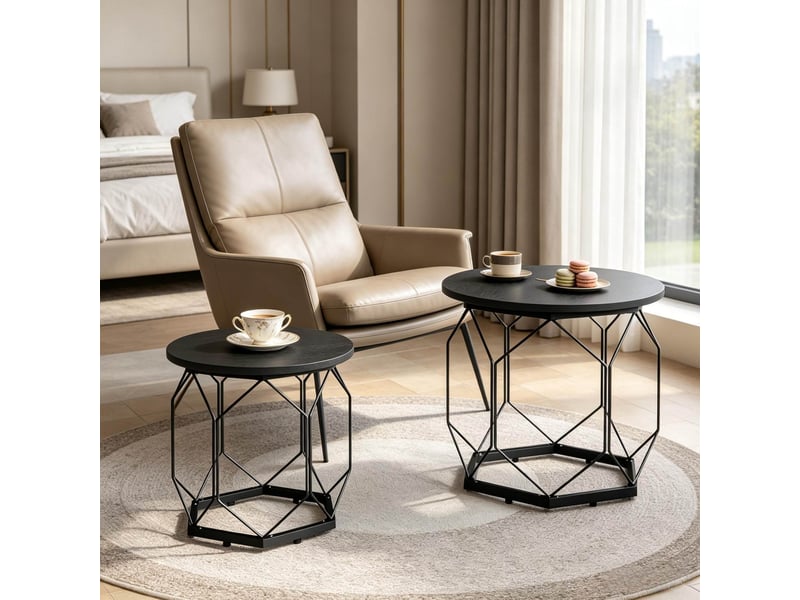  Lot de 2 tables basses rondes 50x50x45 cm plateau amovible bois métal noir  - Conforama E