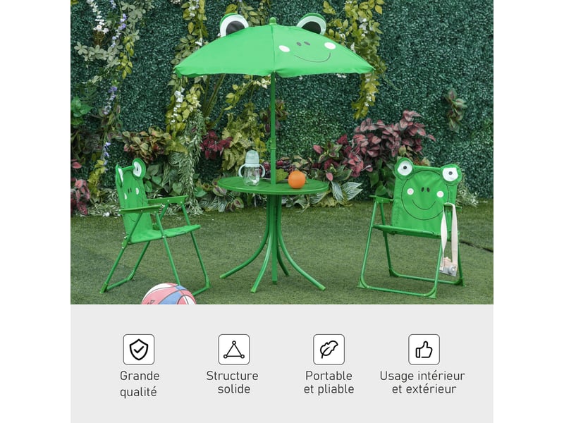  Ensemble salon de jardin enfant 4 pcs design grenouille - table ronde + 2 chaises pliables + parasol - métal époxy oxford vert  - Conforama E