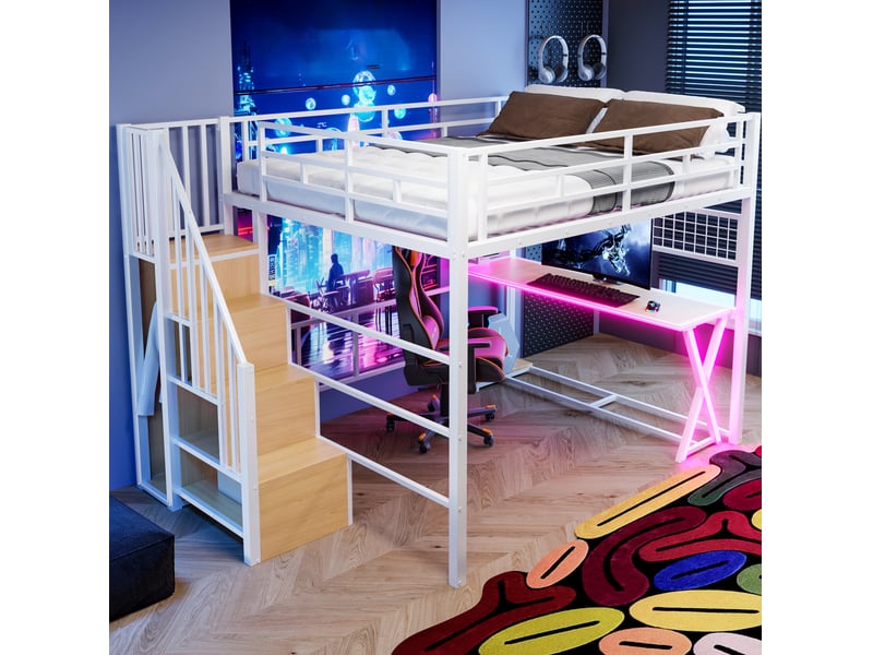  Lit mezzanine modenvie 160 x 200 cm avec bureau, armoire, échelle avec rangement, étagères et éclairage d’ambiance télécommandé blanc  - Conforama D