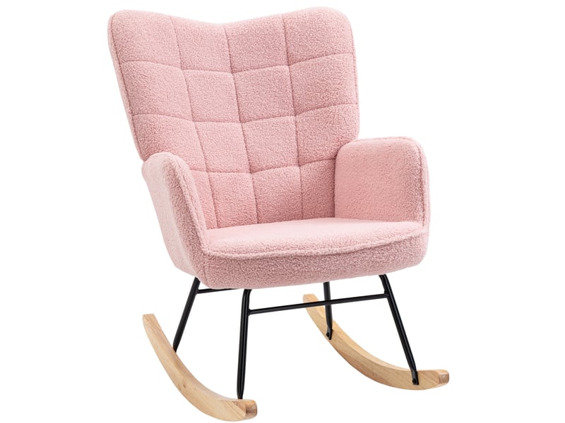  Fauteuil à bascule 71x98x101 cm, dossier haut, accoudoirs, tissu polyester, acier et bois de hêtre, rose  - Conforama A