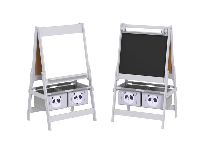  Tableau chevalet enfant ardoise double face tableau à craie rouleau papier 2 paniers 54 x 46,5 x 93 cm gris  - Conforama A