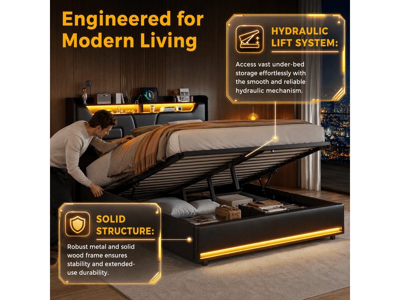  Lit coffre 140x190 avec led, lit 2 places avec rangement et ports usb lit hydraulique avec tête de lit capitonné lit double rembourré avec sommier à lattes lit 2 personnes noir pu, sans matelas  - Conforama E