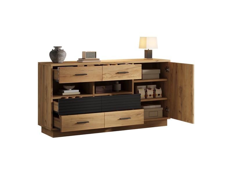 Buffet 140x35x70 cm avec 6 tiroirs et 1 porte, meuble de rangement avec 12 espaces, commode multifonction avec niches ouvertes, mdf, noir et bois Seren Glow - Conforama A