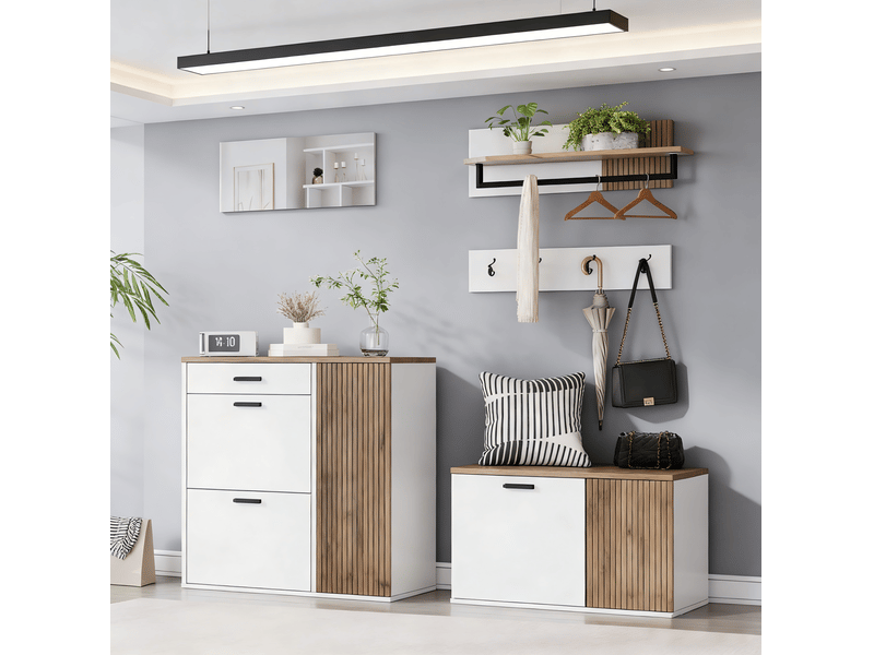  Ensemble meuble d'entrée 5 pièces 85x36x85 cm, meuble à chaussures et banc à chaussures, miroir, mdf, blanc et chêne  - Conforama D