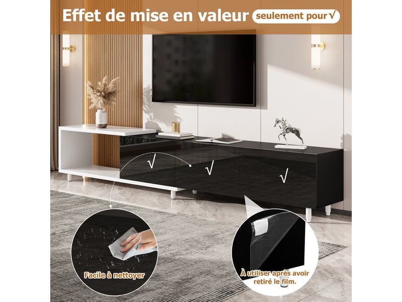 Meuble tv noir, rangement, fermeture douce, extensible, design moderne, structure robuste - 258x38x48.5cm - salon - Conforama C