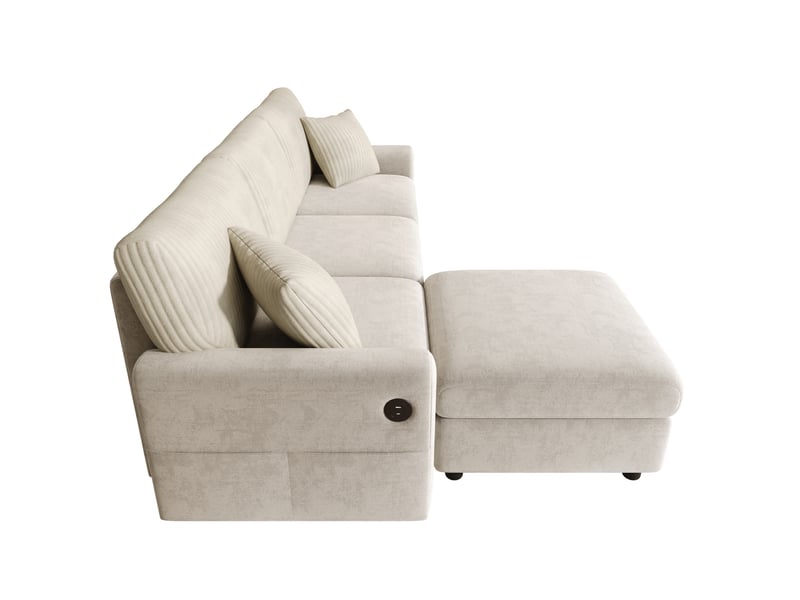  Canapé d'angle 223x146x84 cm, 1 pouf, 2 coussins carrés, ports usb et type-c, chenille et corduroy beige  - Conforama R