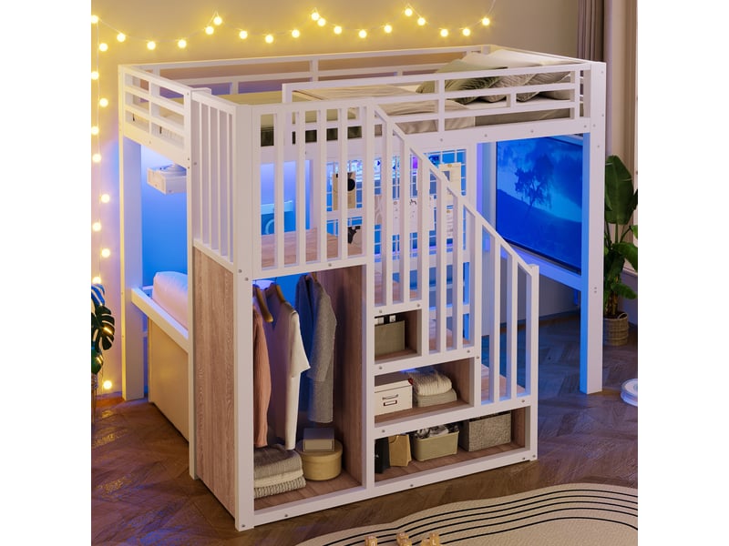  Lit mezzanine 90 x 200 cm avec rangements intégrés, éclairage led, échelle ou escalier intégré, en mdf et métal – blanc, matelas non inclus  - Conforama B