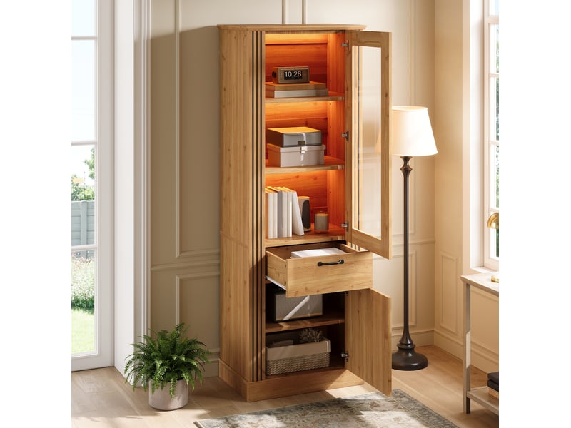  Buffet 62x41x180 cm avec porte, éclairage led piloté par application, tiroir, panneau de particules, coloris naturel  - Conforama D