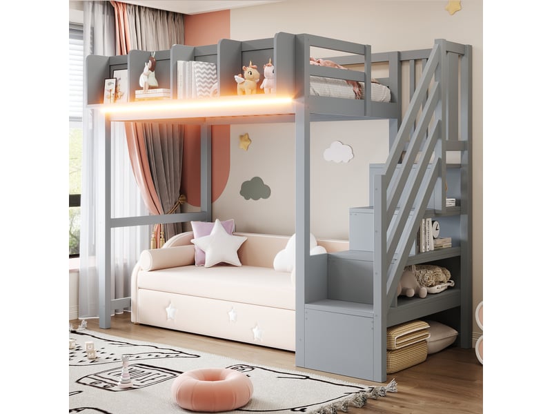  Lit mezzanine 90x200 cm, lit enfant, rangement, étagères, échelle sécurisée, barrière antichute, led, bois gris  - Conforama A