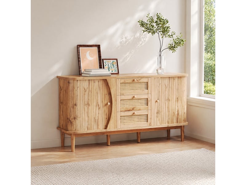  Buffet bas 2 portes coulissantes et 3 tiroirs en rotin coloris naturel 140,5 x 40 x 76 cm  - Conforama B