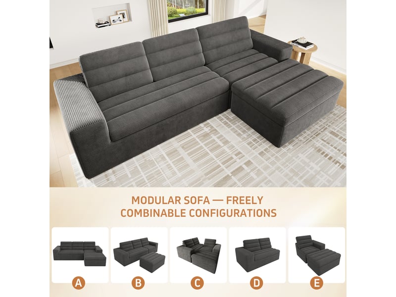  Canapé d'angle modulable en l, velours côtelé gris foncé, canapé nuage sans armature 4 places avec pouf pour salon &amp; appartement  - Conforama E