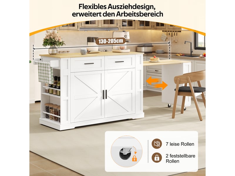  Îlot de cuisine avec plan extensible multiprise 2 tiroirs blanc et chêne  - Conforama D