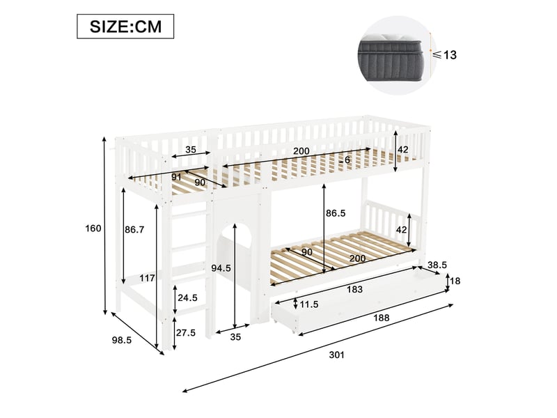  Lit superposé enfant 2x90x200 cm avec échelle 4 marches, blanc naturel  - Conforama C