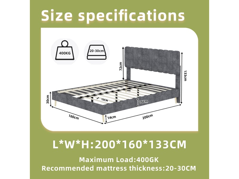  Lit double 200×160 cm en velours hollandais gris et métal, sans matelas  - Conforama D