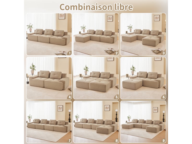  Canapé modulable d'angle en l,293x177x69cm,canapé 3 places sans structure avec 2 pouf,en velours côtel,rembourrage haute densité 32d - beige  - Conforama D