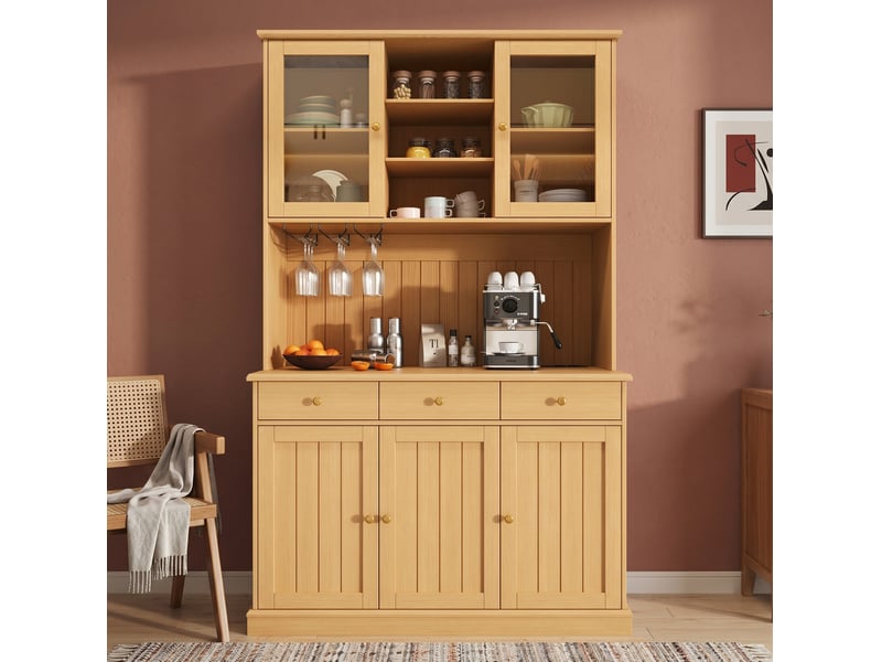  Buffet haut modenvie 120 x 40 x 191 cm avec portes vitrées, range-verres, prises intégrées, usb-c et usb-a, bois naturel  - Conforama B